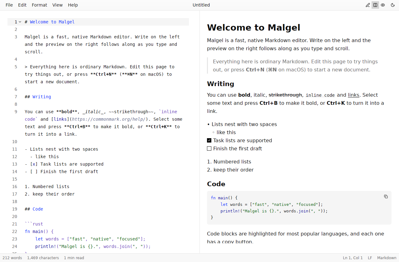 Malgel showing its welcome document in the editor and the live preview